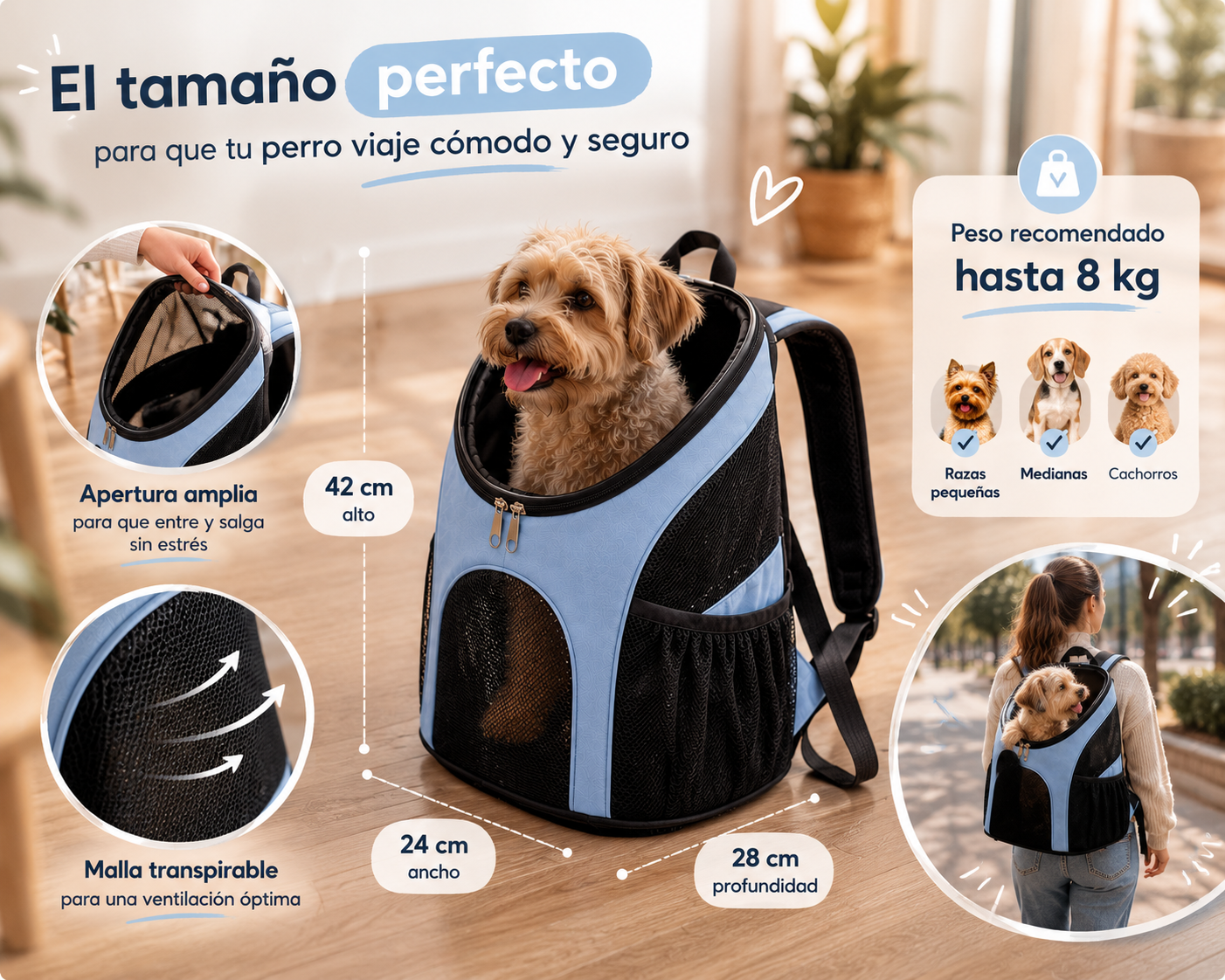 Mochila Transportadora para Mascotas — Respirable, Cómoda y Segura